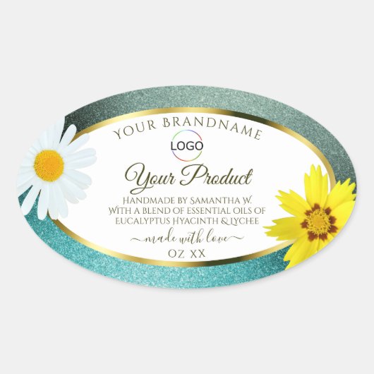 Floral Blauwgroen Blue Glitter White Product Label (Voorkant)