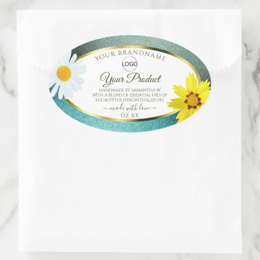 Floral Blauwgroen Blue Glitter White Product Label (Tas)