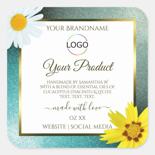 Floral Blauwgroen Blue Glitter White Product Label (Voorkant)