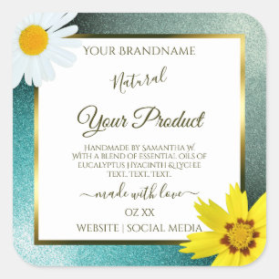 Floral Blauwgroen en Blue Glitter White Product La Vierkante Sticker