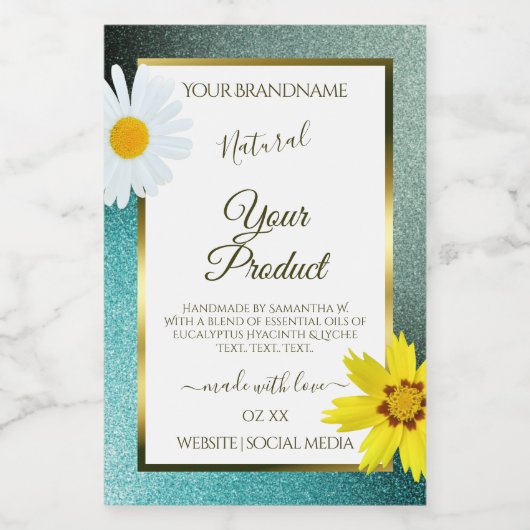 Floral Blauwgroen en Blue Glitter White Product La Voedselcontainer Etiket (Enkel label)