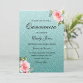Floral Blauwgroen faux glitter Quinceanera Kaart (Staand voorkant)