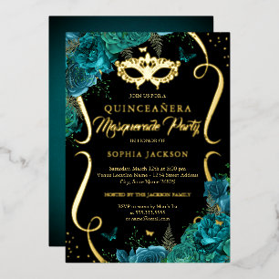 Floral Blauwgroen Gouden Scroll Masquerade Quincea Folie Uitnodiging