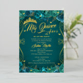 Floral Blauwgroen Gouden Scroll Mis Quince Quincea Folie Uitnodiging (Staand Voorkant)