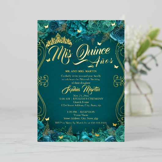 Floral Blauwgroen Gouden Scroll Mis Quince Quincea Folie Uitnodiging (Staand Voorkant)