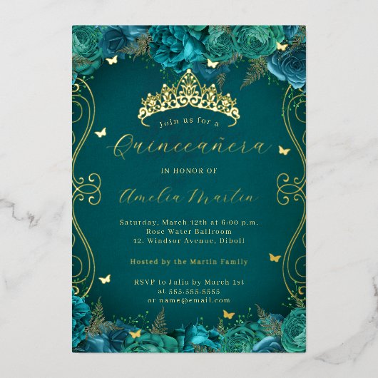 Floral Blauwgroen Gouden Scroll Quinceanera Folie Uitnodiging (Voorkant)