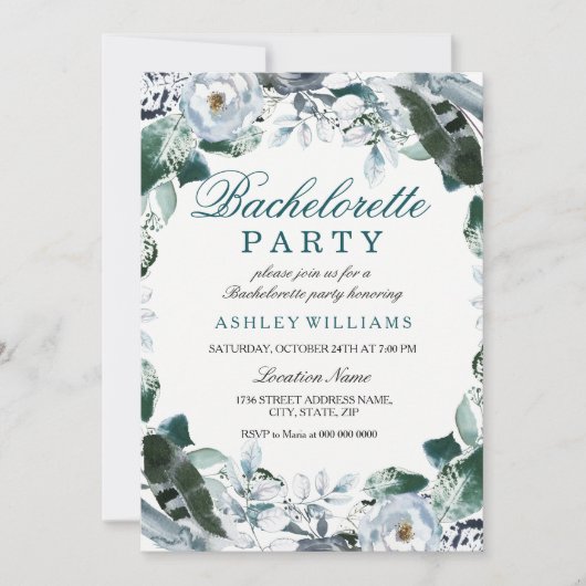 Floral Blauwgroen Green Bachelorette Party nodigt Kaart (Voorkant)