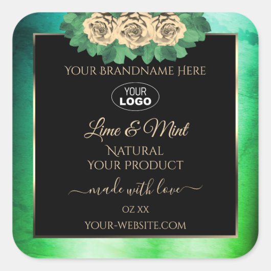 Floral Blauwgroen Groene Zwarte Etiketten van het  (Voorkant)