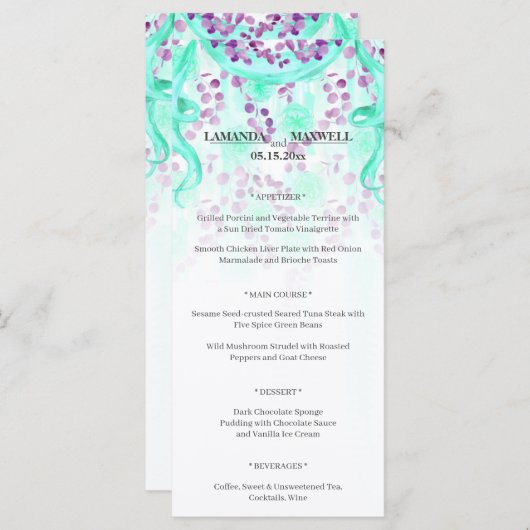Floral Blauwgroen lint Handfasting Wedding Menu (Voorkant / Achterkant)