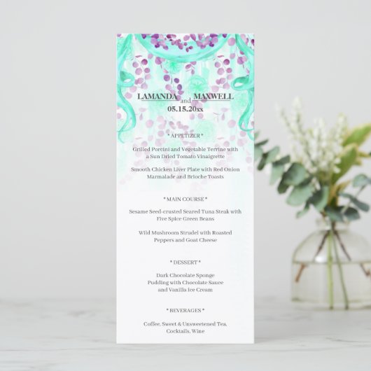 Floral Blauwgroen lint Handfasting Wedding Menu (Staand voorkant)