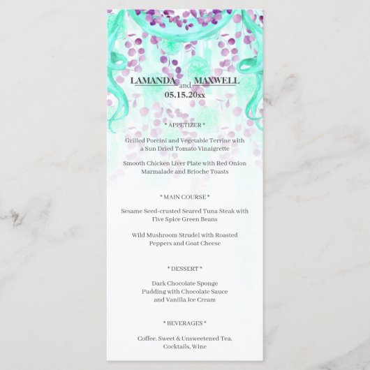 Floral Blauwgroen lint Handfasting Wedding Menu (Voorkant)