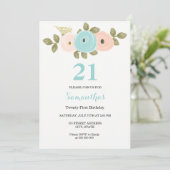 Floral Blauwgroen & Peach 21st Birthday Party Invi Kaart (Staand voorkant)
