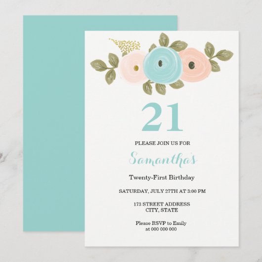 Floral Blauwgroen & Peach 21st Birthday Party Invi Kaart (Voorkant / Achterkant)