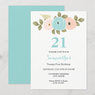 Floral Blauwgroen & Peach 21st Birthday Party Invi Kaart