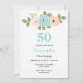 Floral Blauwgroen & Peach 50th Birthday Party Invi Kaart (Voorkant)