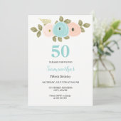 Floral Blauwgroen & Peach 50th Birthday Party Invi Kaart (Staand voorkant)