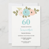 Floral Blauwgroen & Peach 60th Birthday Party Invi Kaart (Voorkant)