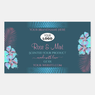 Floral Blauwgroen Product Labels roze Palmbladeren