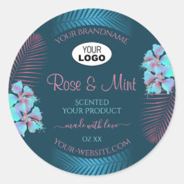 Floral Blauwgroen Product Labels roze Palmbladeren