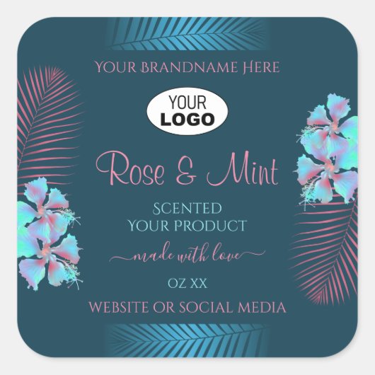 Floral Blauwgroen Product Labels roze Palmbladeren (Voorkant)