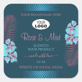Floral Blauwgroen Product Labels roze Palmbladeren