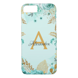 Floral-Blauwgroen Rozen en goudolie-monogram iPhone 8/7 Hoesje