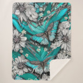 Floral Blauwgroen Silver Butterflies Persoonlijke  Sherpa Deken (Voorkant)