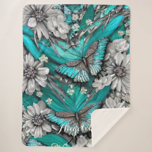Floral Blauwgroen Silver Butterflies Persoonlijke  Sherpa Deken (Voorkant)