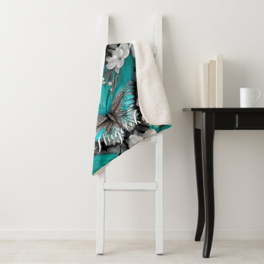 Floral Blauwgroen Silver Butterflies Persoonlijke  Sherpa Deken (In situ)