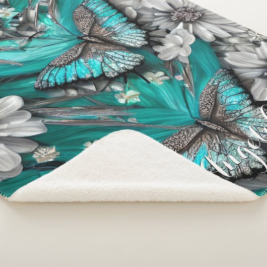 Floral Blauwgroen Silver Butterflies Persoonlijke  Sherpa Deken (3/4)