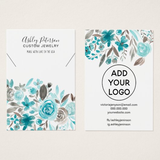 Floral blauwgroen waterverf juwelen ketting visitekaartje (Voorkant /achterkant)