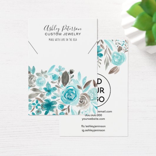 Floral blauwgroen waterverf juwelen ketting visitekaartje (Bureau)