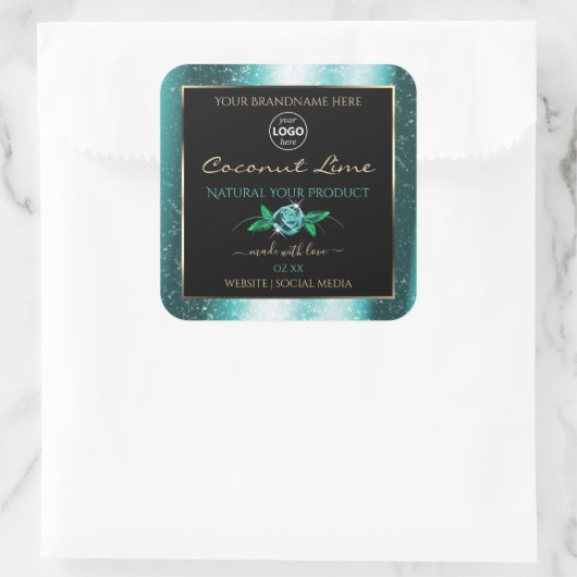 Floral Blauwgroen Zwarte Product Labels Zacht Glit (Tas)