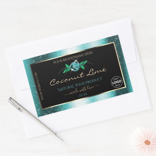 Floral Blauwgroen Zwarte Product Labels Zacht Glit (Envelop)