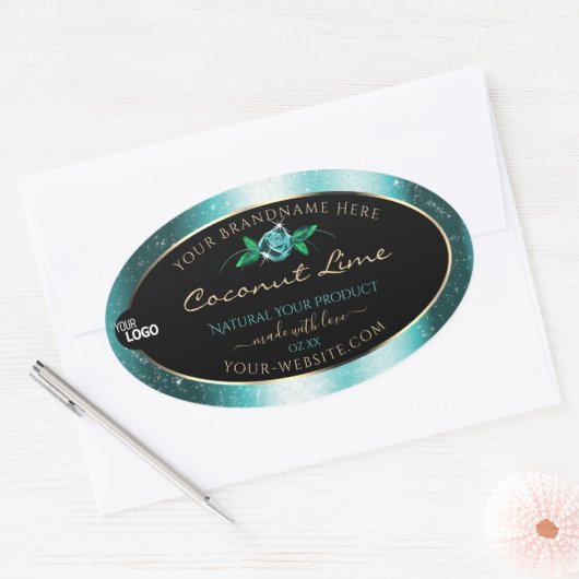 Floral Blauwgroen Zwarte Product Labels Zacht Glit (Envelop)