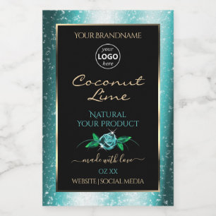 Floral Blauwgroen Zwarte Product Labels Zacht Glit Voedselcontainer Etiket