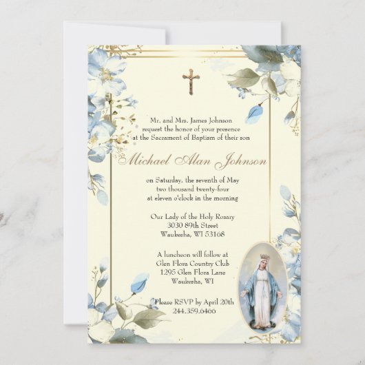 Floral Blessed Mary Catholic Baptism Uitnodiging (Voorkant)