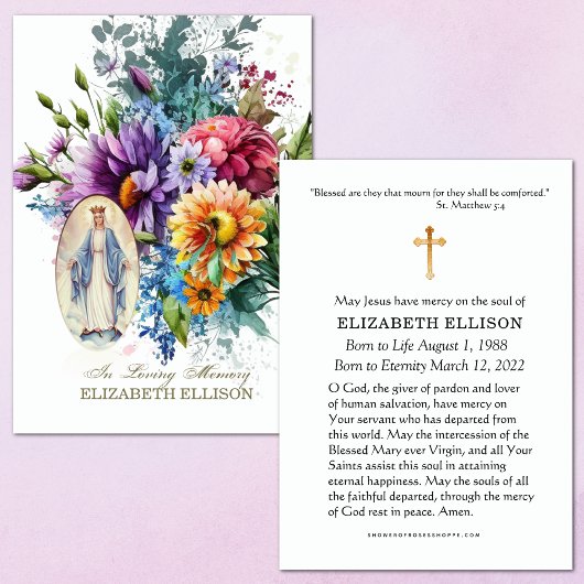 Floral Blessed Mary Floral Funeral Prayer Kaart