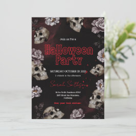 Floral Bloed Skull Halloween Party Invitation Kaart
