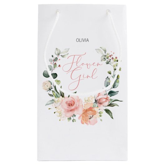 Floral Bloemenmeisje Roze Waterverf krans bruiloft Klein Cadeauzakje (Achterkant)