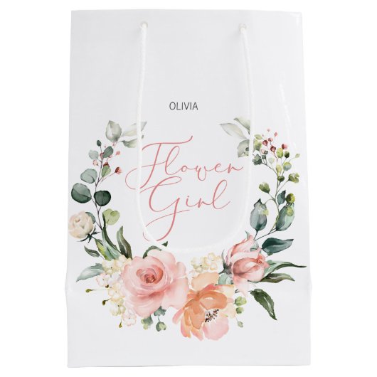 Floral Bloemenmeisje Roze Waterverf krans bruiloft Medium Cadeauzakje (Achterkant)
