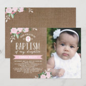 Floral Blooms Burlap | Baptisme-uitnodiging Kaart (Voorkant / Achterkant)