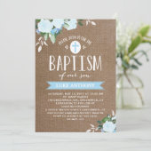 Floral Blooms Burlap Blue | Baptisme-uitnodiging Kaart (Staand voorkant)