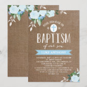 Floral Blooms Burlap Blue | Baptisme-uitnodiging Kaart (Voorkant / Achterkant)