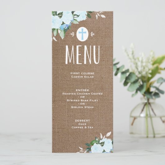 Floral Blooms Burlap | Menu Baptisme (Staand voorkant)