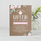 Floral Blooms Burlap roze | Baptisme-uitnodiging Kaart (Staand voorkant)