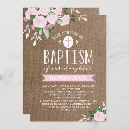 Floral Blooms Burlap roze | Baptisme-uitnodiging Kaart (Voorkant / Achterkant)