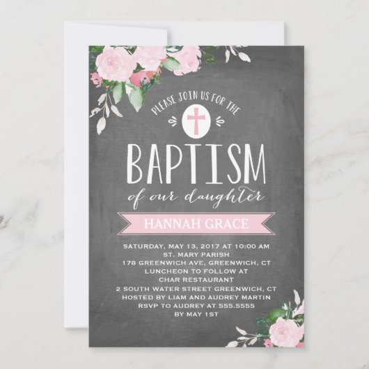 Floral Blooms Chalkboard | Baptisme-uitnodiging Kaart (Voorkant)