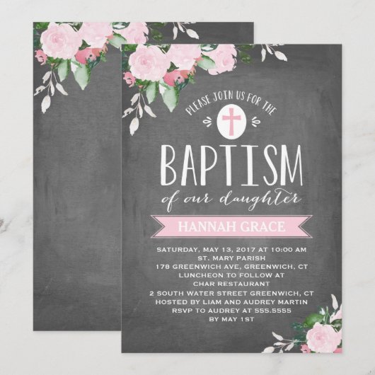 Floral Blooms Chalkboard | Baptisme-uitnodiging Kaart (Voorkant / Achterkant)
