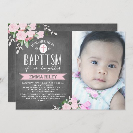 Floral Blooms Chalkboard | Baptisme-uitnodiging Kaart (Voorkant / Achterkant)